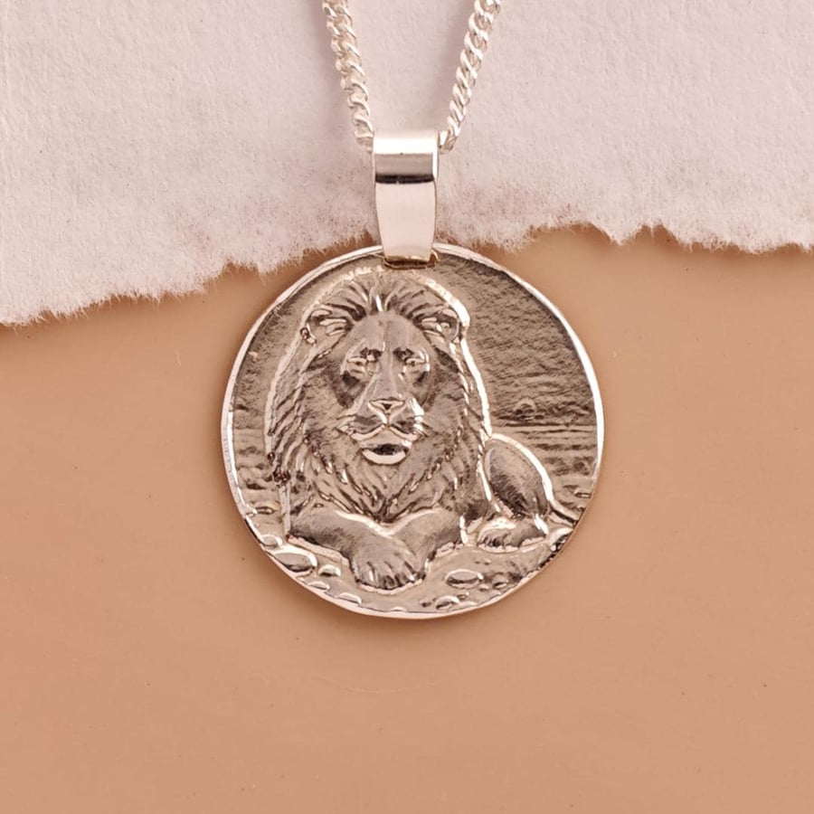 Lion Engraved Sterling Silver Coin Necklace