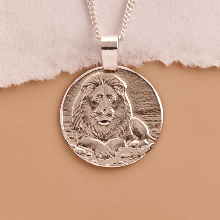 Lion Engraved Sterling Silver Coin Necklace