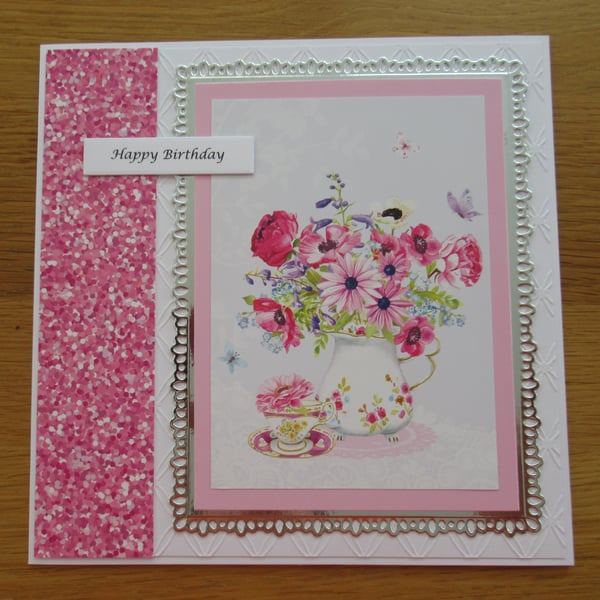 Vase of Pink Flowers - Large Birthday Card