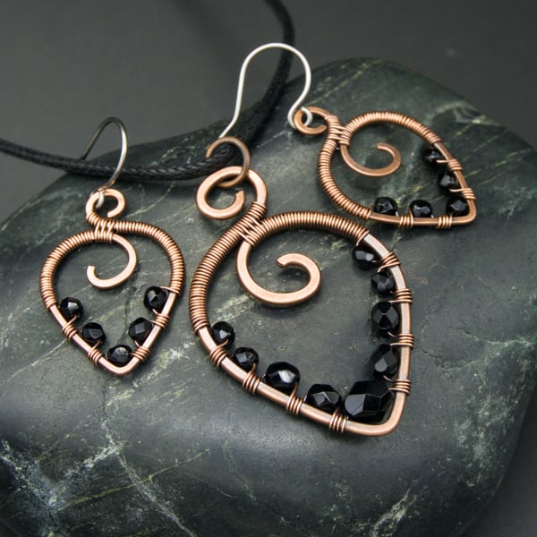 Copper Wire Wrapped Pendant & Earrings Set with Black Beads