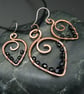 Copper Wire Wrapped Pendant & Earrings Set with Black Beads - Image 1