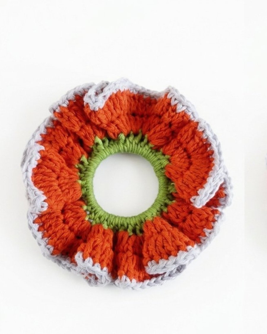  Handmade rust and green Crochet Scrunchie