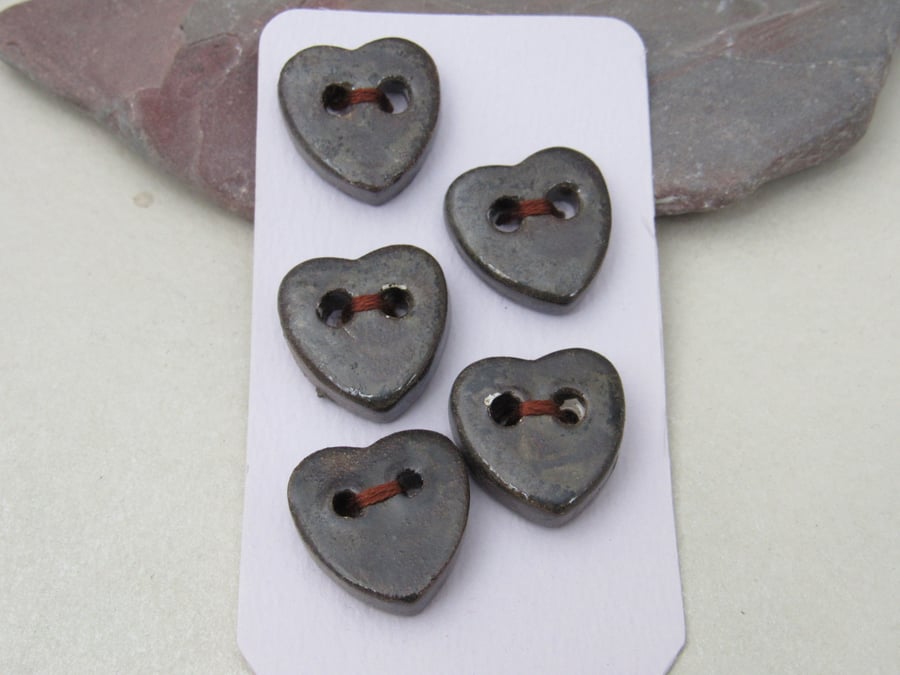 SECONDS 5 Small Heart Shaped Obsidian Handmade Ceramic Buttons