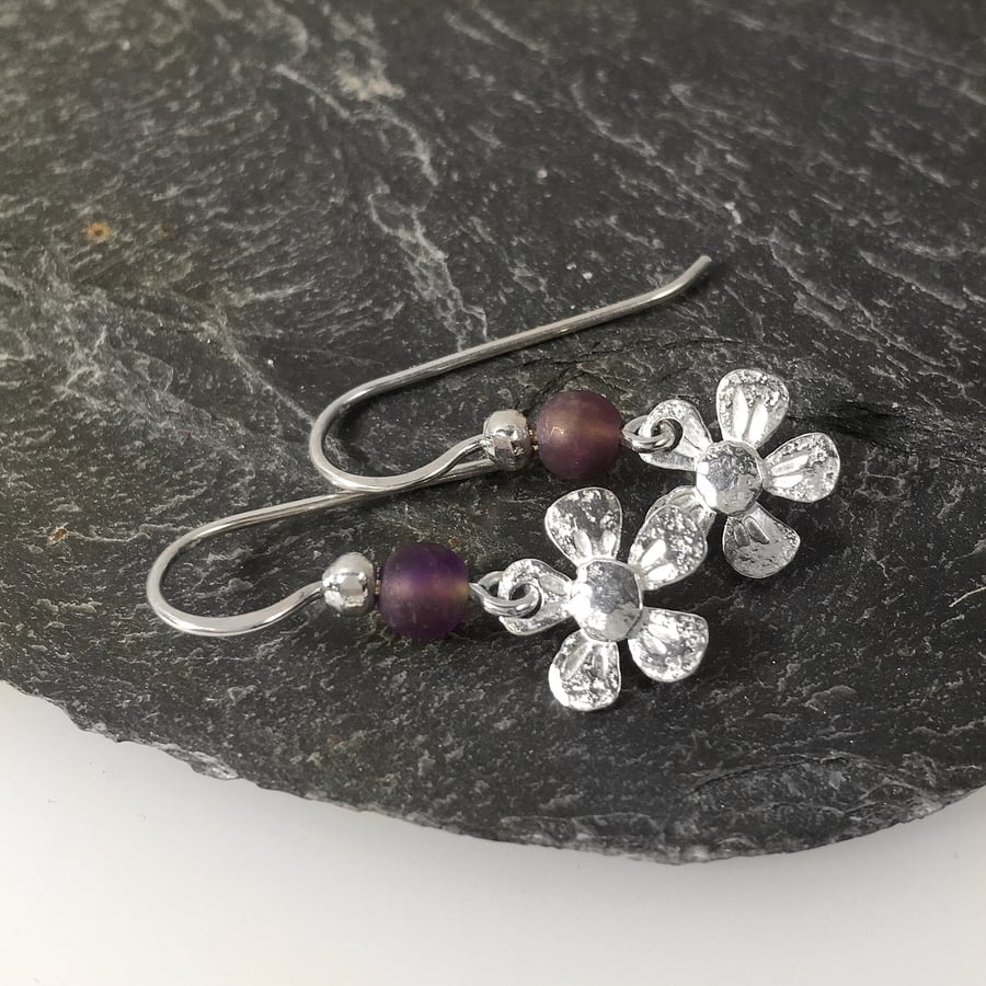 Sterling silver flower earrings with amethyst beads