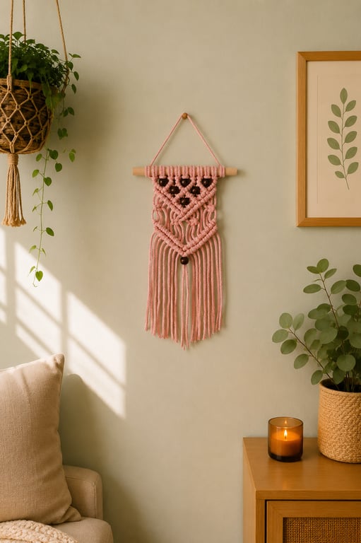 Peach Macrame Wall Hanging - Small Boho Wall Decor - Handmade Cotton Wall Art.