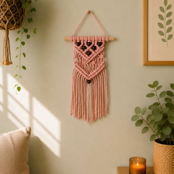 Peach Macrame Wall Hanging - Small Boho Wall Decor - Handmade Cotton Wall Art.