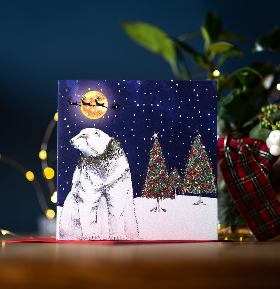 Christmas Polar Bear Sleigh single greeting card
