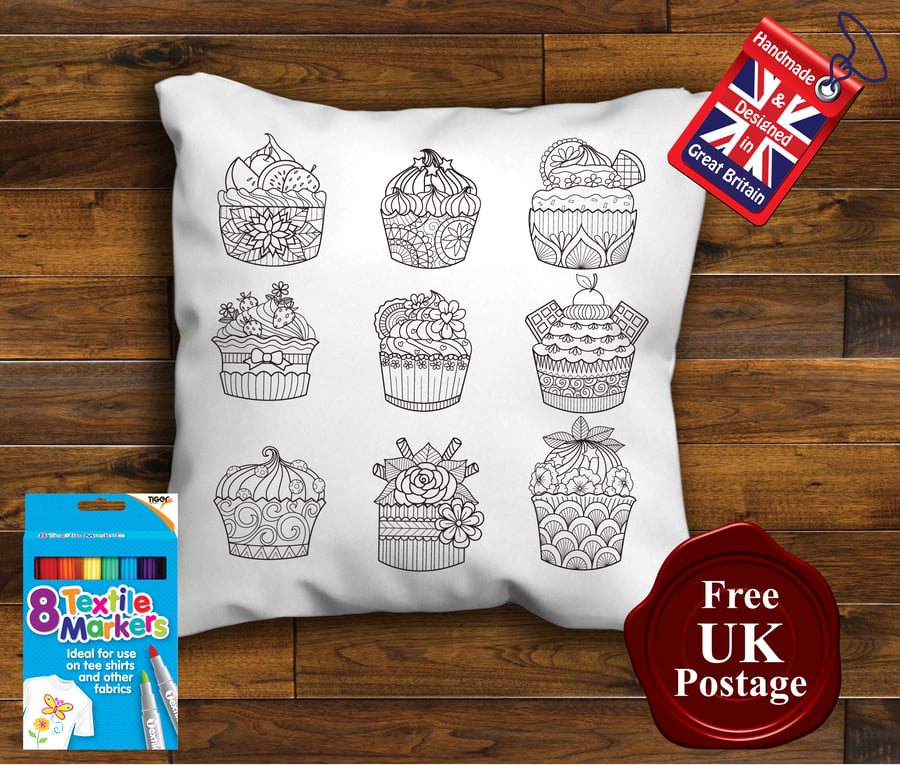 Cupcakes Colouring Cushion Cover, With or Without Fabric Pens Choose Your Size