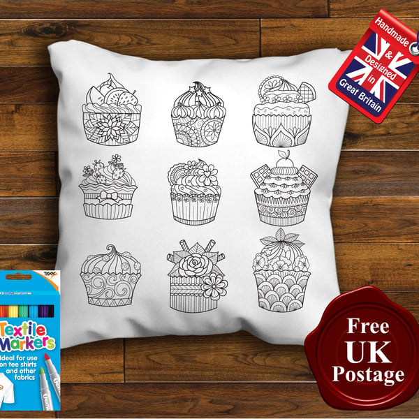 Cupcakes Colouring Cushion Cover, With or Without Fabric Pens Choose Your Size