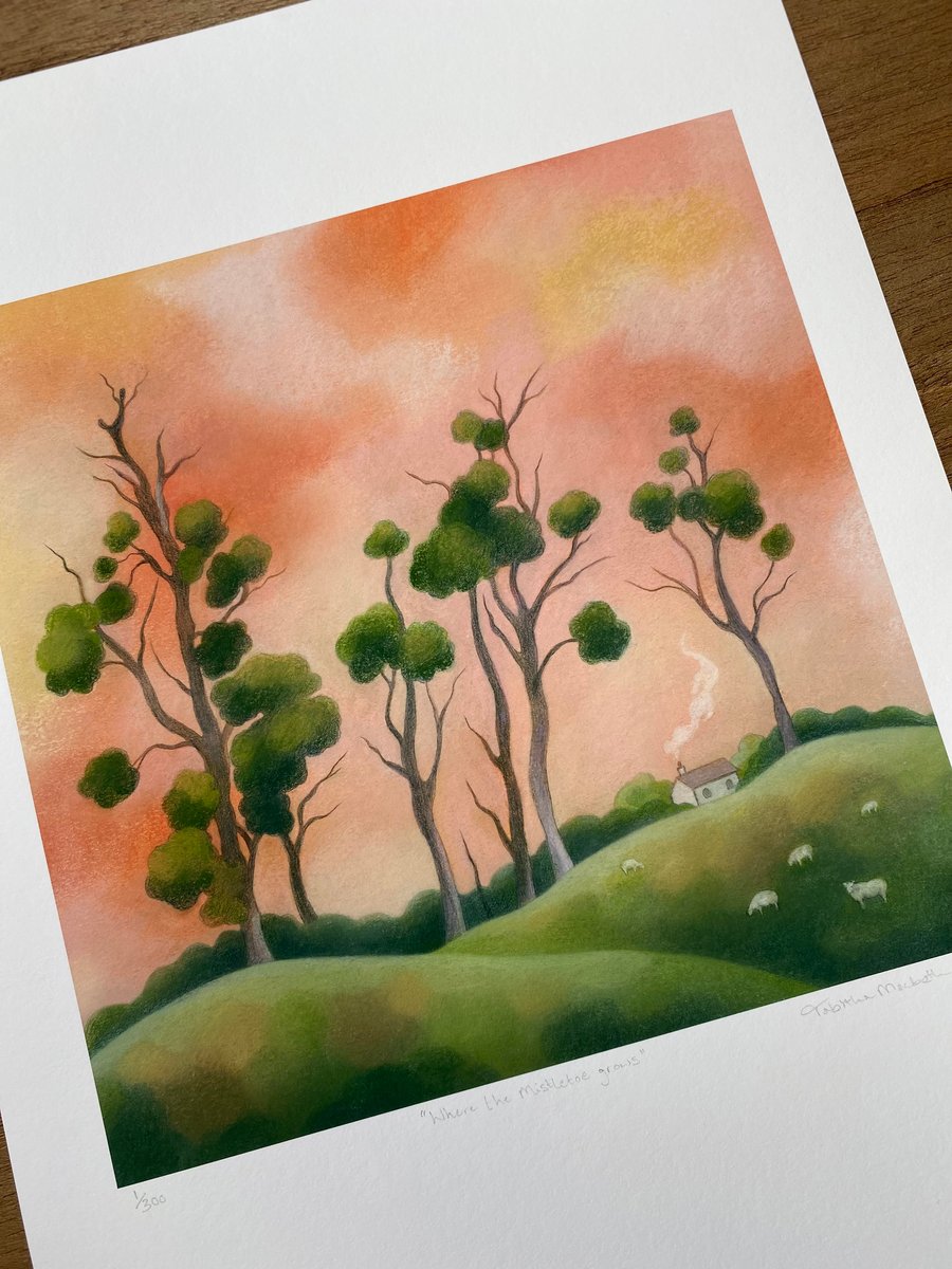 English Landscape Giclee Art Print - "Where the Mistletoe Grows" - tree drawing