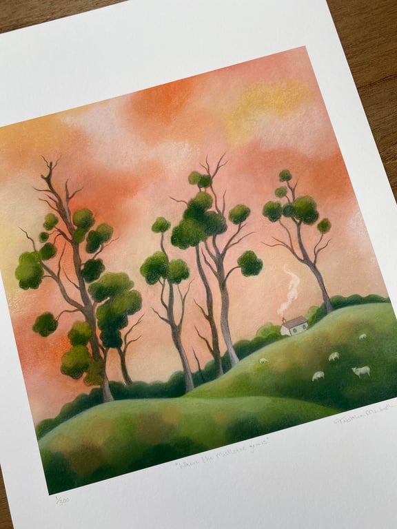 English Landscape Giclee Art Print - "Where the Mistletoe Grows" - tree drawing