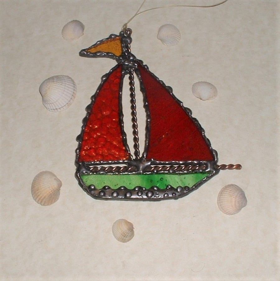 "Red Sails in the Sunset" Stained Glass Sailing Boat Suncatcher