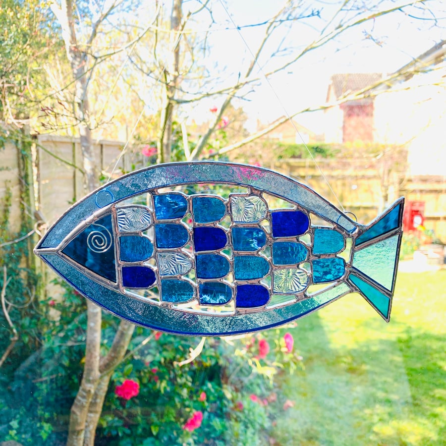 Stained Glass Fishy Suncatcher - Handmade Hanging Window  Decoration 