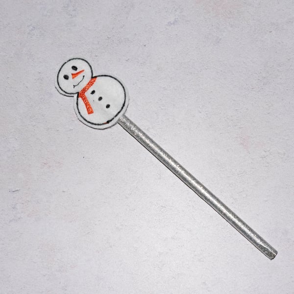 embroidered snowman pencil topper complete with pencil