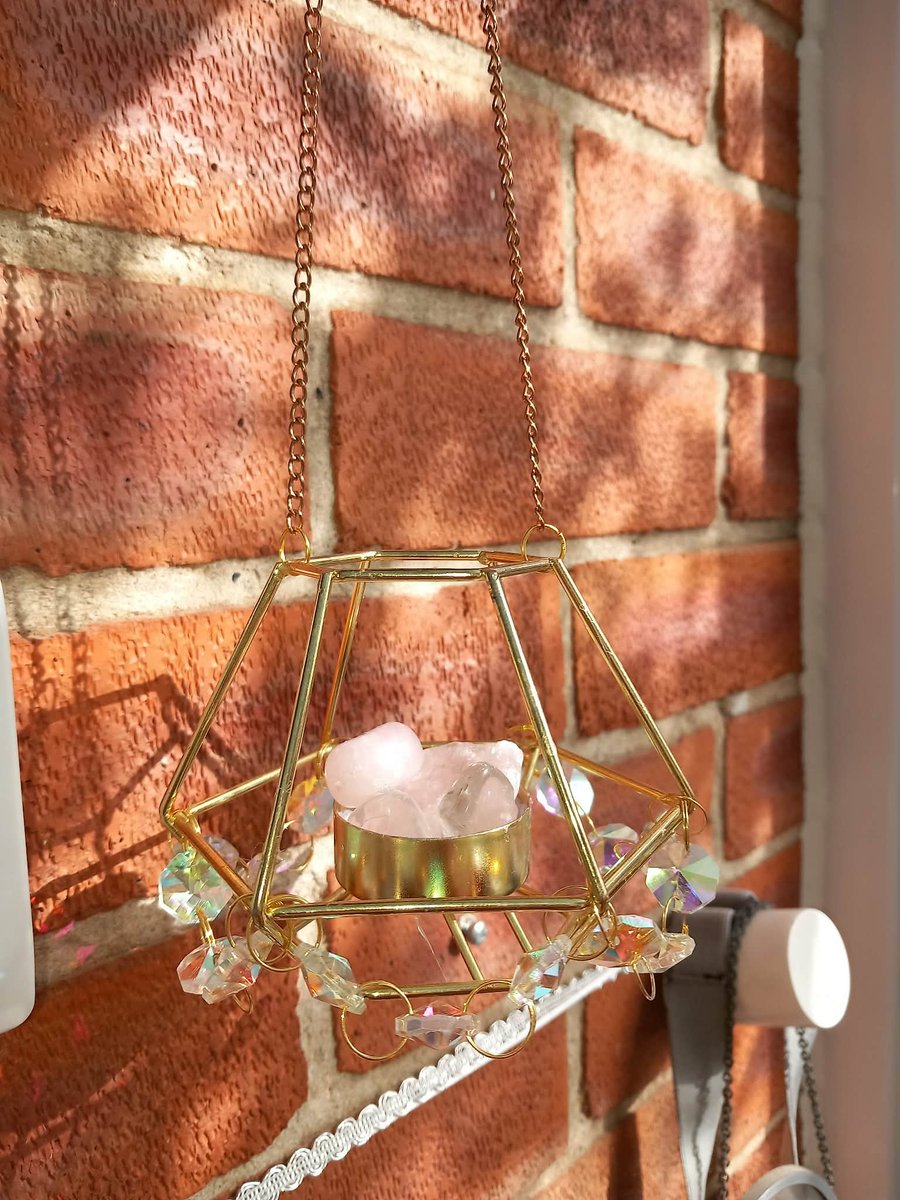 Rose Quartz Crystal Hexagonal Golden Wired Suncatcher