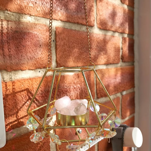 Rose Quartz Crystal Heaxagonal Golden Wired Suncatcher
