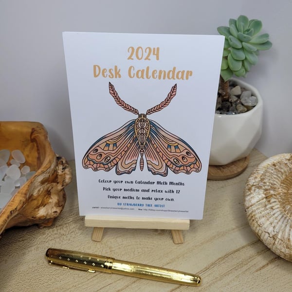 Calendar, 2024 desk Calender, moth designs, wooden easel stand, colouring pages 
