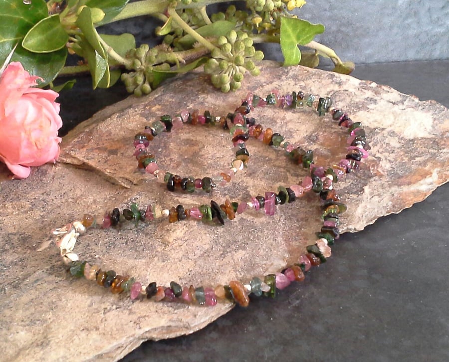 Tourmaline Small Nuggets Necklace Sterling Silver plated