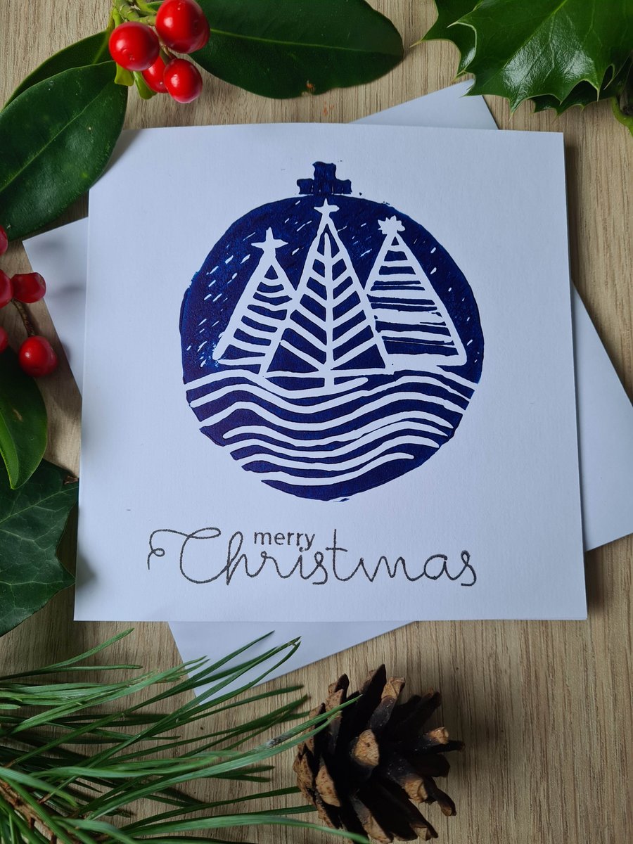 Blue bauble christmas card handprinted linocut