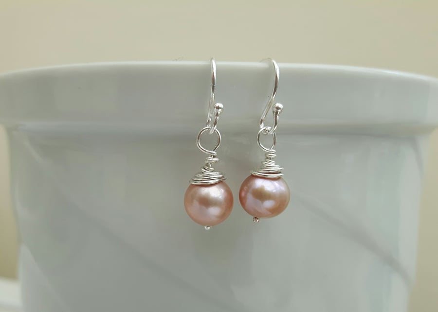 Sterling Silver and Pearl Drop Earrings, Pale Pink