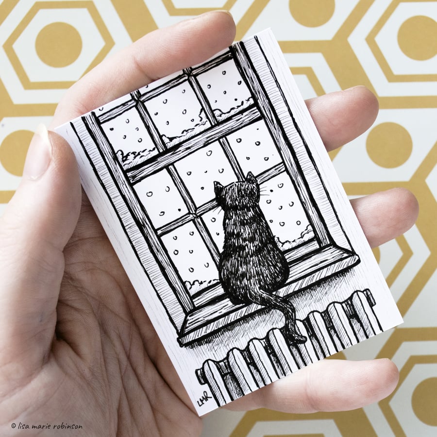 Snowing - Cat at Window ACEO - Inktober 2019 - Day 11 - Ink Drawing Pen Art