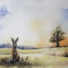 Hare on South Downs, Original Watercolour Painting. Commission Painting. 
