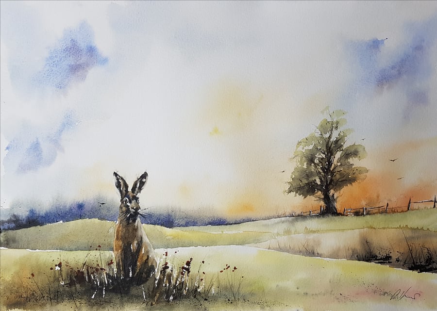 Hare on South Downs, Original Watercolour Painting. Commission Painting. 