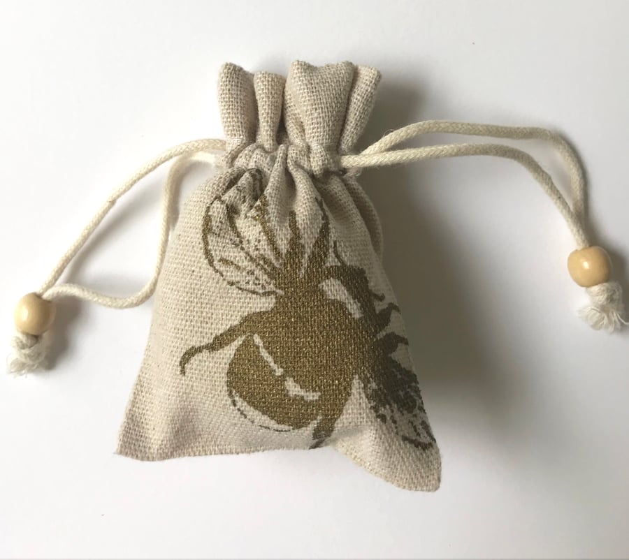 Gold Bumblebee small drawstring printed gift bag natural cotton  bag