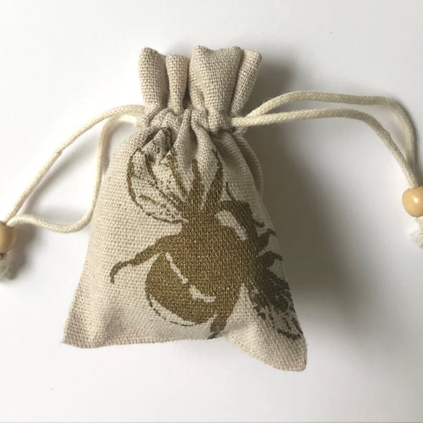 Gold Bumblebee small drawstring printed gift bag natural cotton  bag