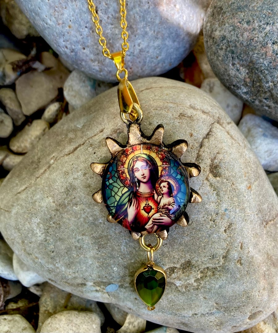 Sacred Heart Virgin Mary Devotional pendant Necklace Handmade Clay & Glass