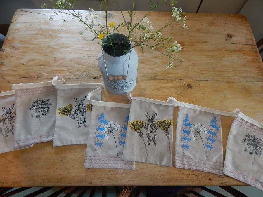 Screen printed Hare and wild flower Bunting - 8.8 feet long