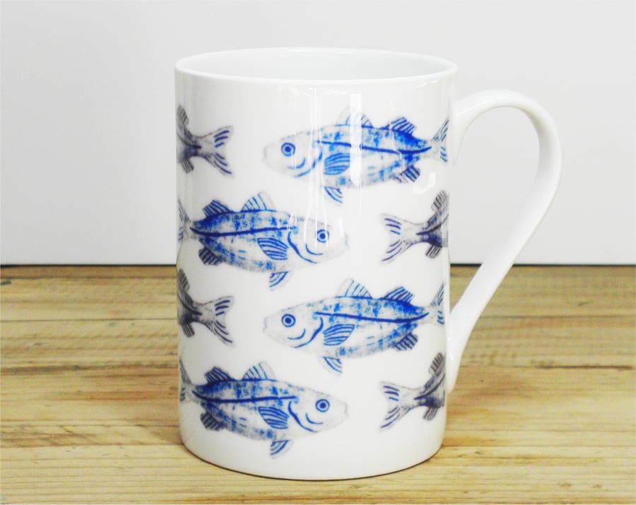 INK FISH Bone China Mug - Ink Blue and white fish design