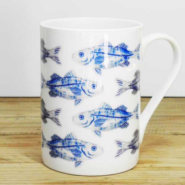 INK FISH Bone China Mug - Ink Blue and white fish design