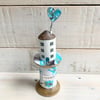 Little wooden Round House on Bobbin with Heart and 1950’s Vintage Fabric Blue
