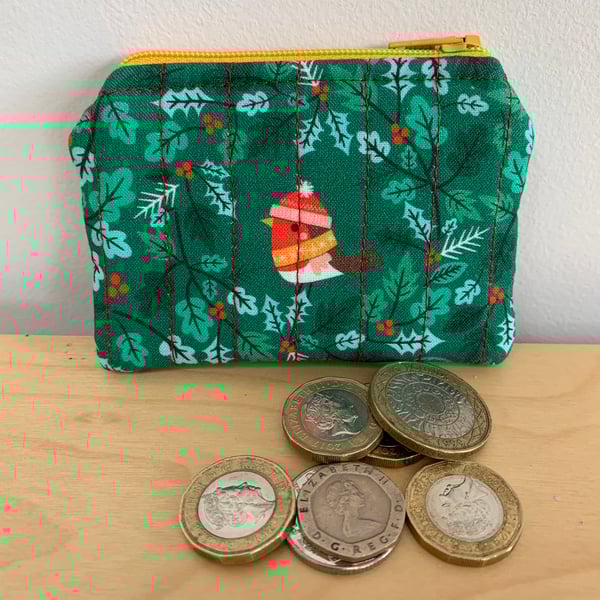 Christmas Robin Print Quilted Fabric Mini Purse