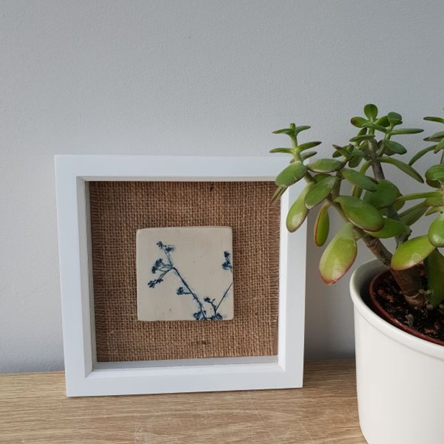 Framed Ceramic Botanical Tile – Delicate Blue Flowers