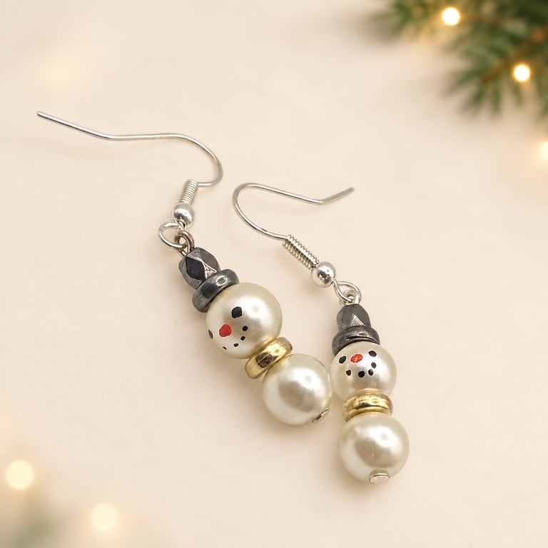 Beaded Snowman Dangle Earrings Glass Pearl Christmas Jewellery