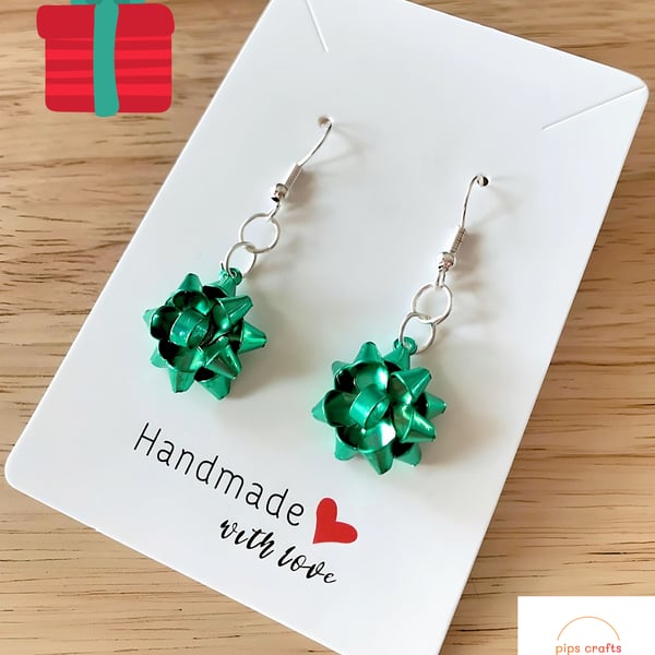 Fun Green Metallic Christmas Gift Bow Earrings, Jewellery for Pierced Ears