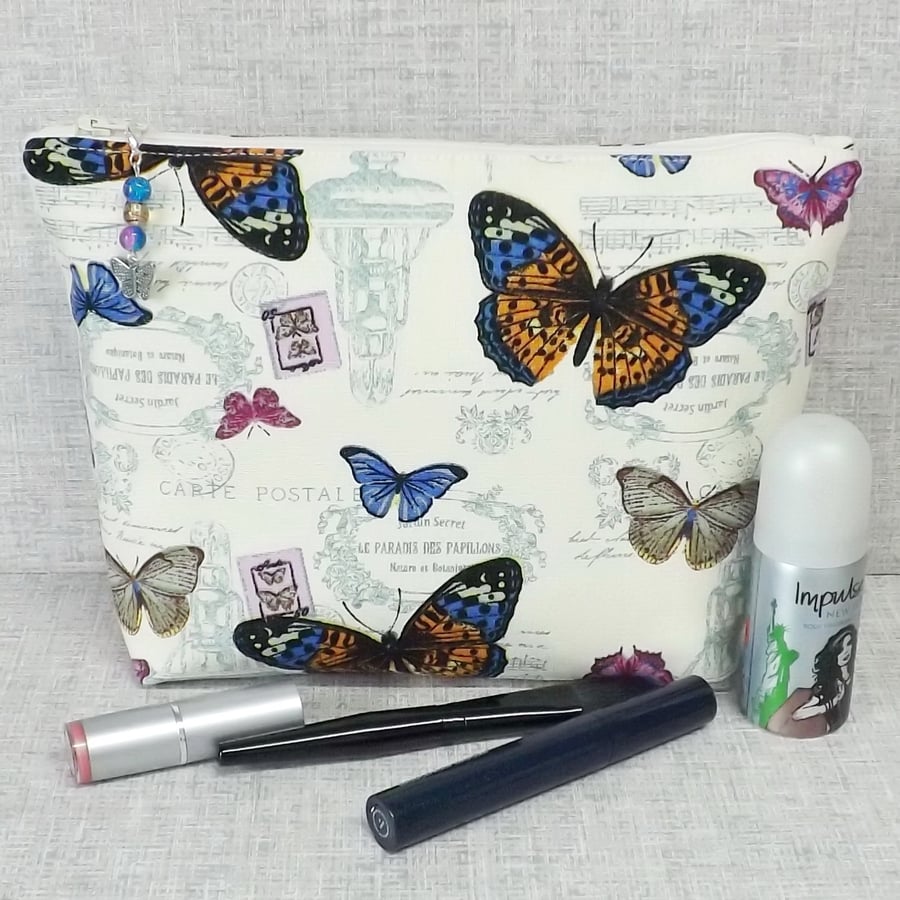 Large zipped pouch, cosmetic bag, butterflies. Large size