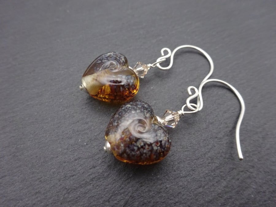 sterling silver, brown heart lampwork glass earrings