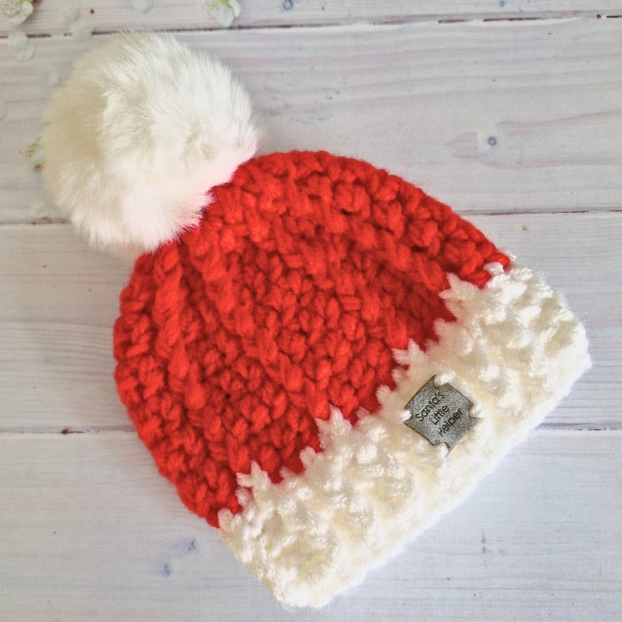 Christmas Crochet Baby Hat – Red & White with Pom Pom - CLEARANCE 