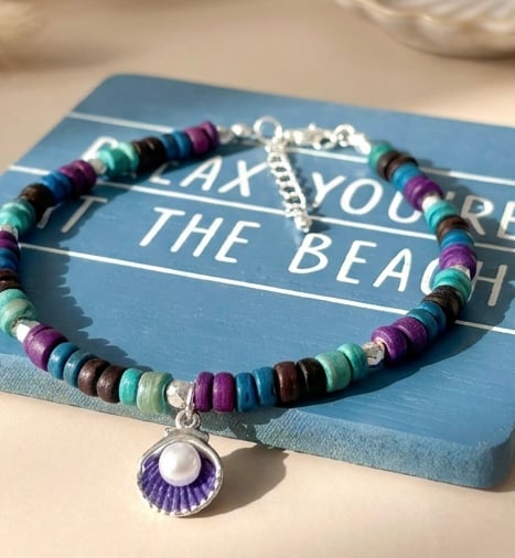 Handmade Wooden Heishi Bead Anklet with Purple Pearl Shell Charm