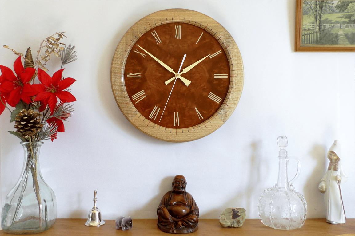 Designer made Wooden Wall Clock with a Burr Madrone Dial & Inlaid Sycamore Bezel
