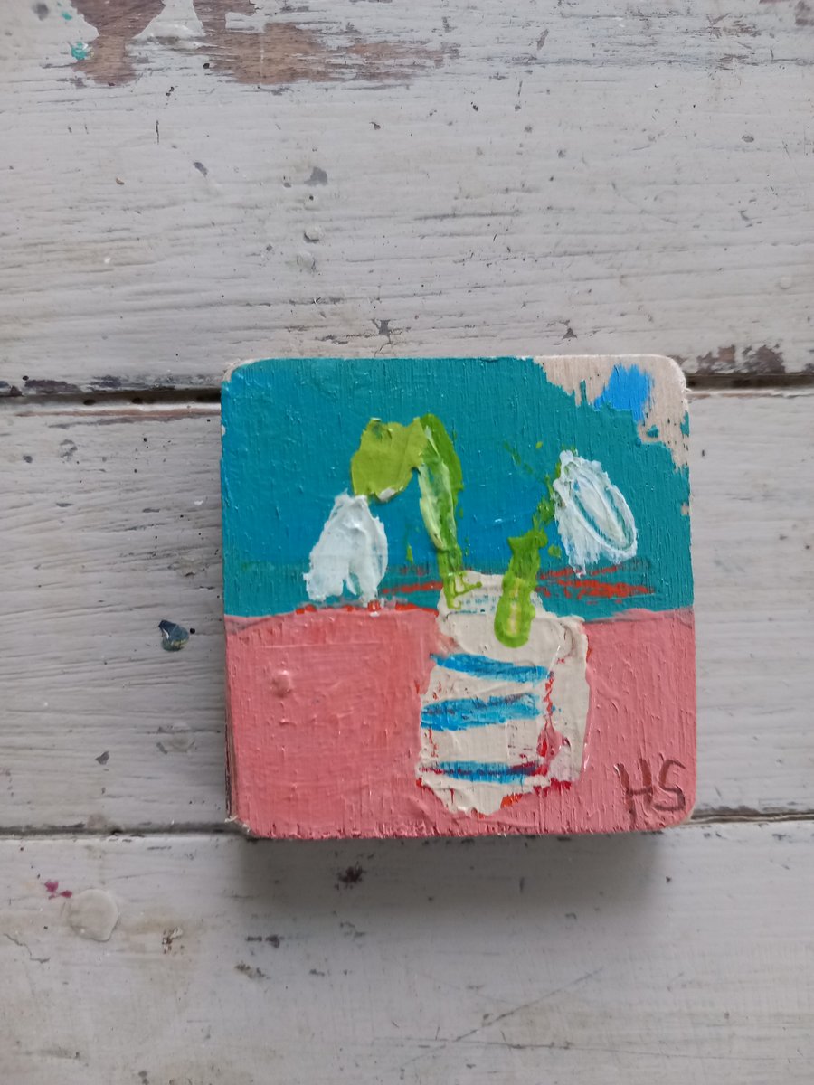 Teeny tiny snowdrop painting on reclaimed wood