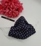 Face mask, small, nose wire,3 layer,  adjustable, washable in navy polkadot   - Image 5
