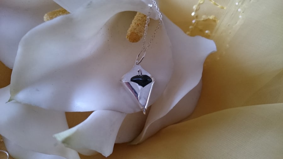 3d Calla lily and onyx sterling silver necklace 