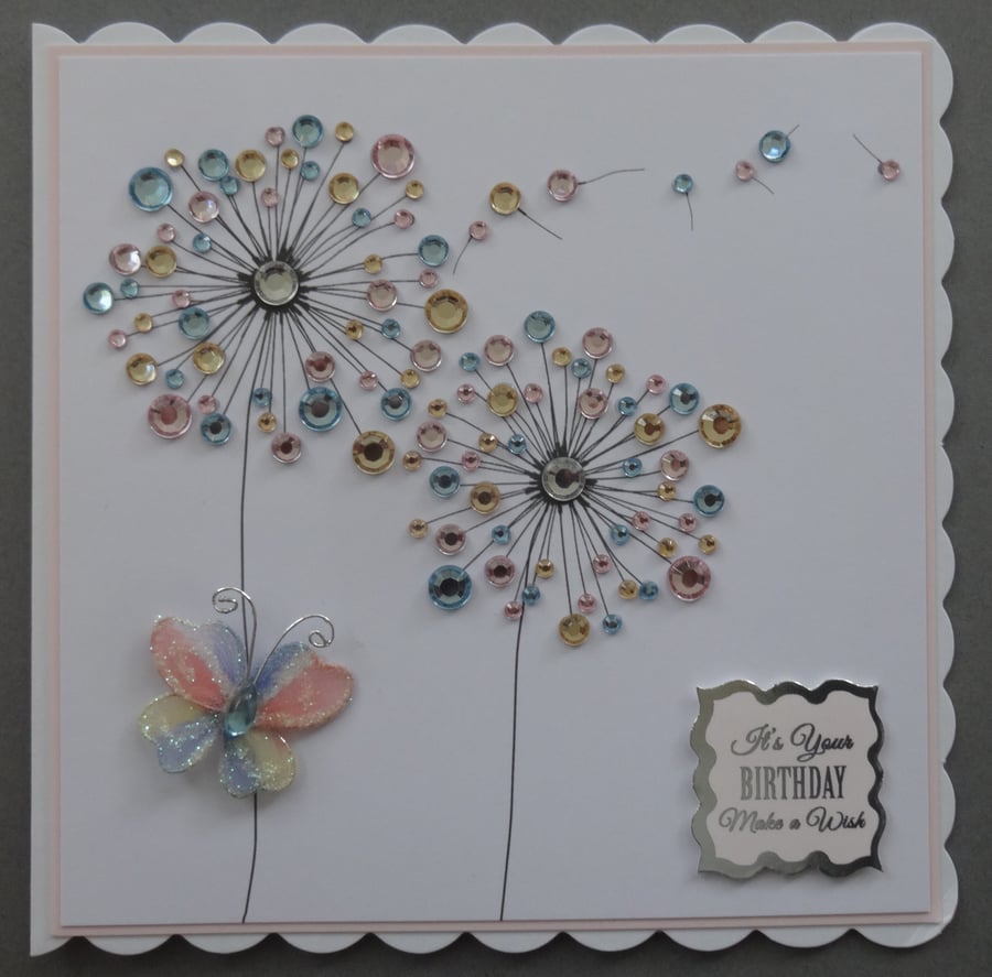 3D Luxury Handmade Card It's Your Birthday Make A Wish Gems Dandelions Butterfly