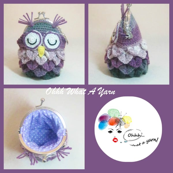 Grey and purple crochet, crocheted owl coin purse