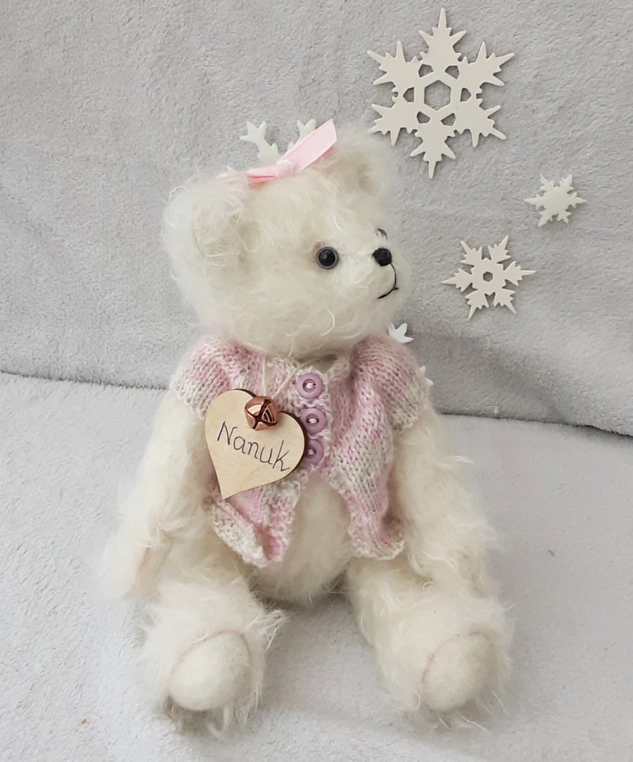 Nanuk, luxury mohair polar bear, dressed collectable teddy bear by Bearlescent 