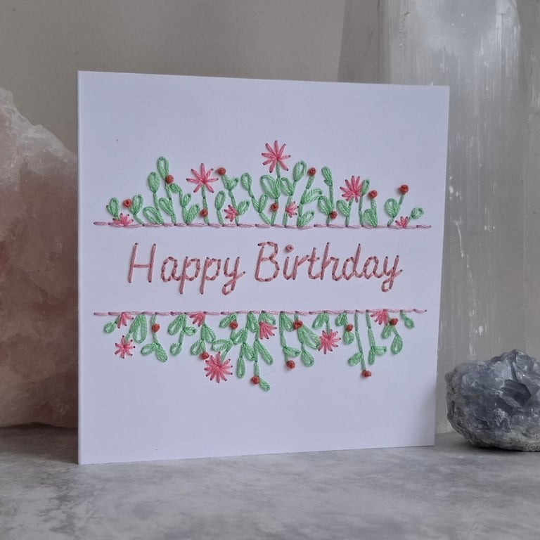 Embroidered handmade card happy birthday, green leaves and flowers